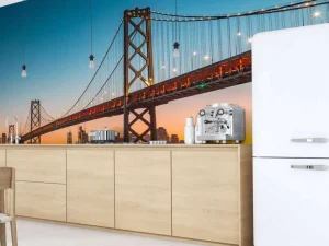 Online San Francisco-Oakland Bay Bridge in de avond fotobehang Architectuur