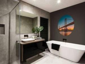 Online San Francisco-Oakland Bay Bridge in de avond fotobehang Architectuur