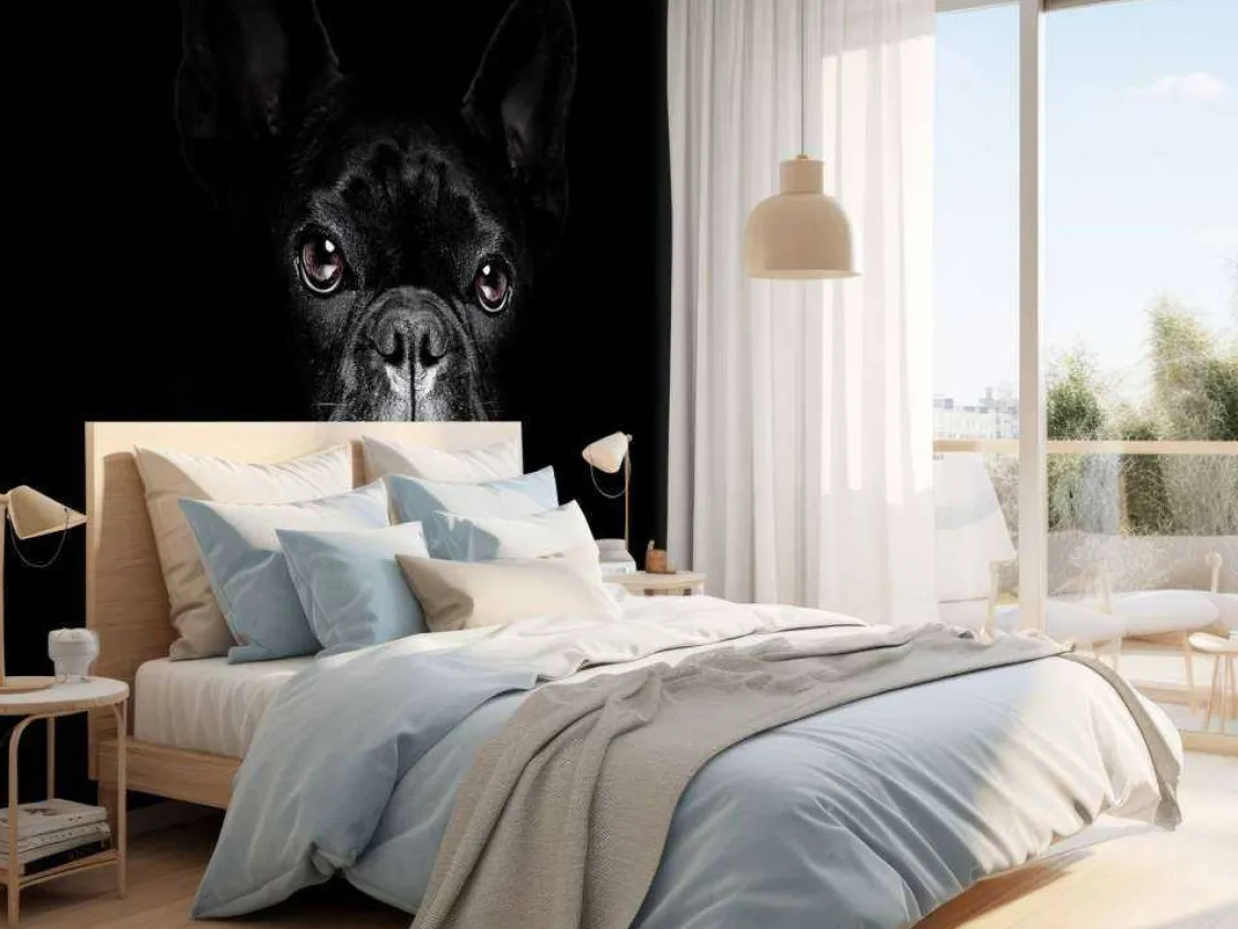 schattige_bulldog_met_een_1.webp Outlet Schattige bulldog met een zwarte achtergrond fotobehang Tienerkamer | Dieren