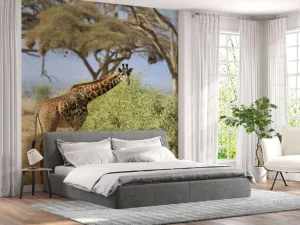 Best Schattige Giraffe tussen struiken fotobehang Dieren | Bloemen