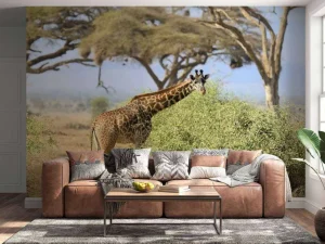 Best Schattige Giraffe tussen struiken fotobehang Dieren | Bloemen