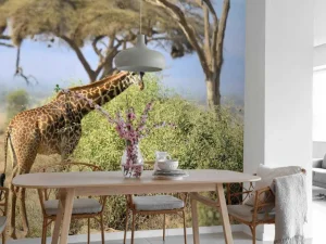 Best Schattige Giraffe tussen struiken fotobehang Dieren | Bloemen