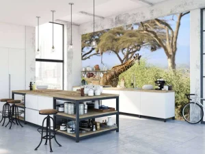 Best Schattige Giraffe tussen struiken fotobehang Dieren | Bloemen