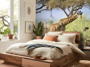 Best Schattige Giraffe tussen struiken fotobehang Dieren | Bloemen
