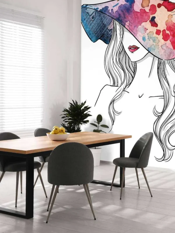 Online Schets van een vrouw met een hoed fotobehang Tienerkamer