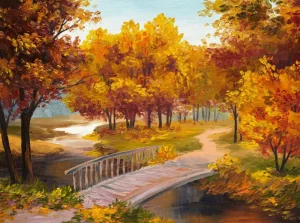 Hot Schilderij van een brug in het bos fotobehang Bloemen