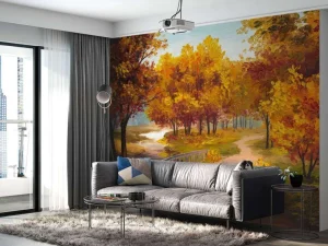 Hot Schilderij van een brug in het bos fotobehang Bloemen
