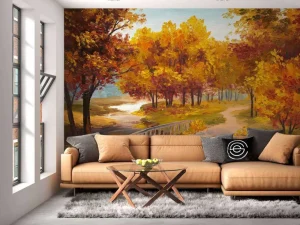 Hot Schilderij van een brug in het bos fotobehang Bloemen