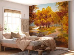Hot Schilderij van een brug in het bos fotobehang Bloemen