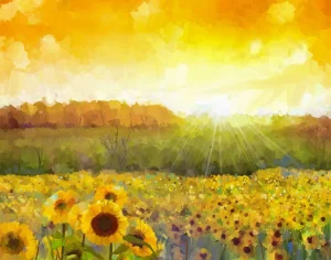 Hot Schilderij van een zonnebloemen landschap fotobehang Bloemen