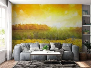 Hot Schilderij van een zonnebloemen landschap fotobehang Bloemen