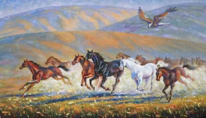Best Schilderij van paarden en een vliegende adelaar fotobehang Kinderkamer | Kunst & Design