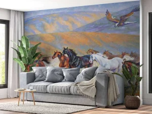 Best Schilderij van paarden en een vliegende adelaar fotobehang Kinderkamer | Kunst & Design
