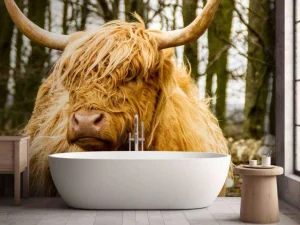 Best Schotse Hooglander met Bomen op achtergrond fotobehang Dieren