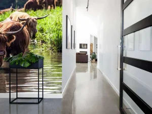 Online Schotse Hooglanders in het water fotobehang Dieren