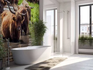 Online Schotse Hooglanders in het water fotobehang Dieren