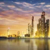 Outlet Skyline van Dubai vanaf Palm Jumeirah fotobehang Steden | Architectuur