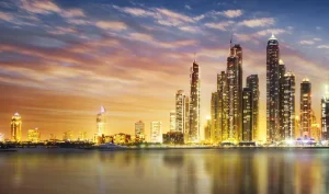 Outlet Skyline van Dubai vanaf Palm Jumeirah fotobehang Steden | Architectuur