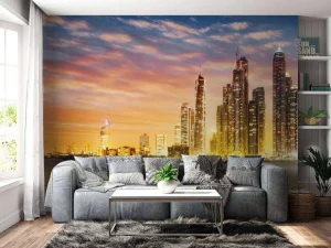 Outlet Skyline van Dubai vanaf Palm Jumeirah fotobehang Steden | Architectuur