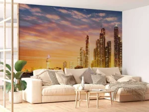 Outlet Skyline van Dubai vanaf Palm Jumeirah fotobehang Steden | Architectuur