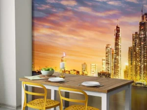 Outlet Skyline van Dubai vanaf Palm Jumeirah fotobehang Steden | Architectuur