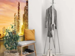 Outlet Skyline van Dubai vanaf Palm Jumeirah fotobehang Steden | Architectuur