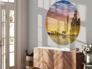 Outlet Skyline van Dubai vanaf Palm Jumeirah fotobehang Steden | Architectuur