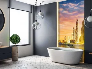 Outlet Skyline van Dubai vanaf Palm Jumeirah fotobehang Steden | Architectuur