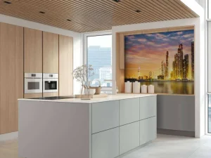 Outlet Skyline van Dubai vanaf Palm Jumeirah fotobehang Steden | Architectuur