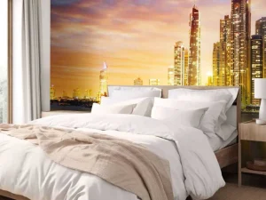 Outlet Skyline van Dubai vanaf Palm Jumeirah fotobehang Steden | Architectuur