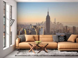 Online Skyline van New York bij zonsopkomst fotobehang Architectuur