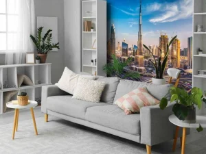 Fashion Snelwegen in Dubai met de skyline op de achtergrond fotobehang Steden | Architectuur