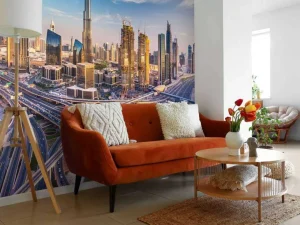 Fashion Snelwegen in Dubai met de skyline op de achtergrond fotobehang Steden | Architectuur