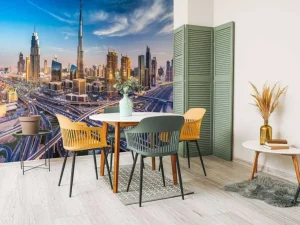 Fashion Snelwegen in Dubai met de skyline op de achtergrond fotobehang Steden | Architectuur