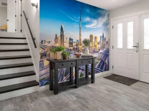 Fashion Snelwegen in Dubai met de skyline op de achtergrond fotobehang Steden | Architectuur