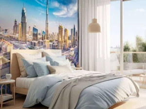 Fashion Snelwegen in Dubai met de skyline op de achtergrond fotobehang Steden | Architectuur