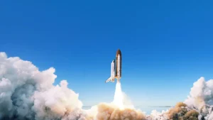 Fashion Space Shuttle stijgt op met rookwolk fotobehang Tienerkamer