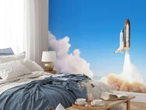 Fashion Space Shuttle stijgt op met rookwolk fotobehang Tienerkamer