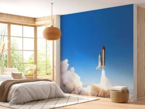 Fashion Space Shuttle stijgt op met rookwolk fotobehang Tienerkamer
