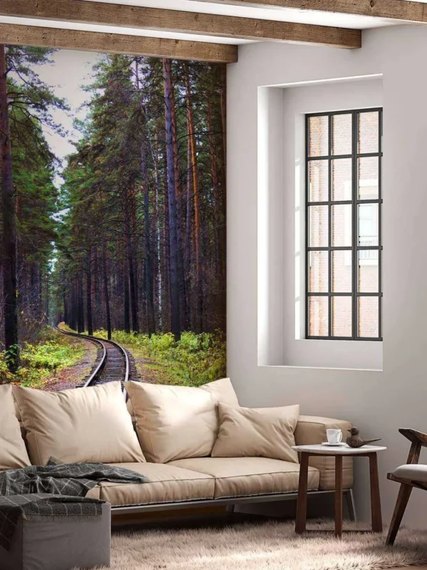 Discount Spoorlijn door een bos fotobehang Transport