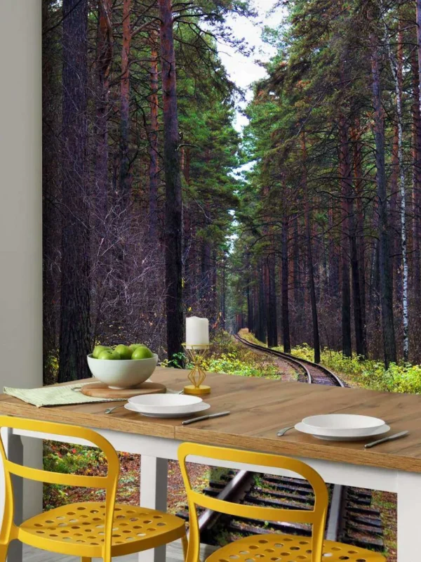 Discount Spoorlijn door een bos fotobehang Transport
