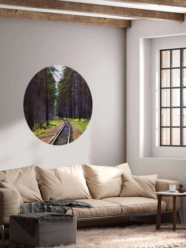 Discount Spoorlijn door een bos fotobehang Transport