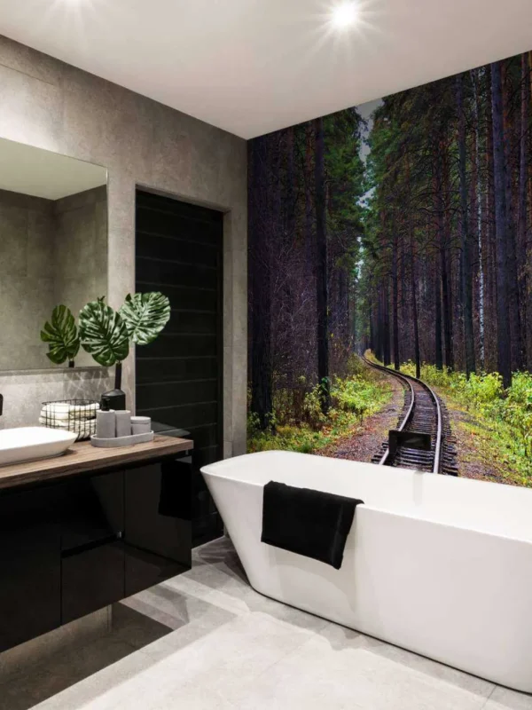 Discount Spoorlijn door een bos fotobehang Transport