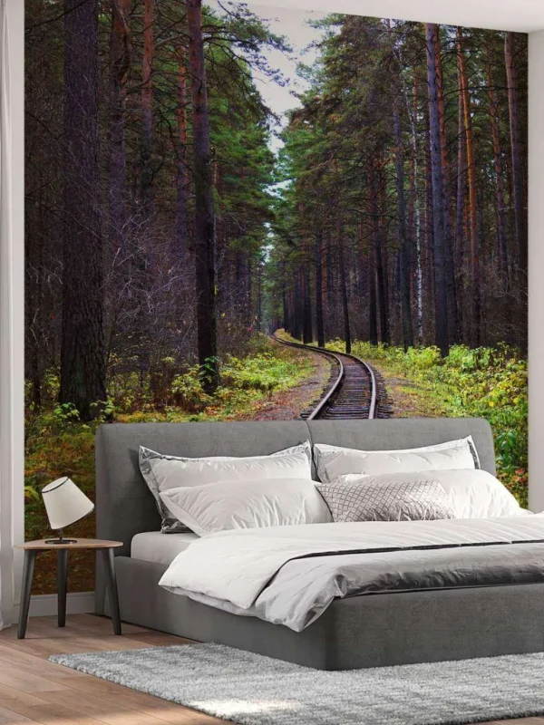 Discount Spoorlijn door een bos fotobehang Transport