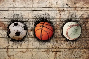 Sale Sportballen in een muur fotobehang Kinderkamer | Sport