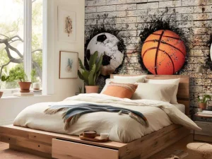 Sale Sportballen in een muur fotobehang Kinderkamer | Sport