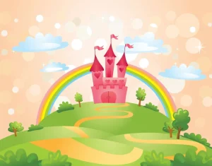 New Sprookjeskasteel met een regenboog fotobehang Kinderkamer