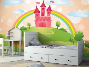 New Sprookjeskasteel met een regenboog fotobehang Kinderkamer