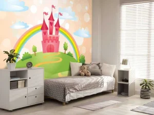 New Sprookjeskasteel met een regenboog fotobehang Kinderkamer