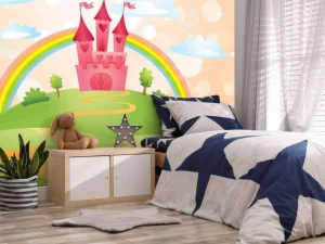 New Sprookjeskasteel met een regenboog fotobehang Kinderkamer